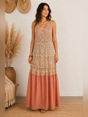 Umgee Crochet Lace Tiered Maxi Dress Boho Sleeveless Blush Beige Size Large